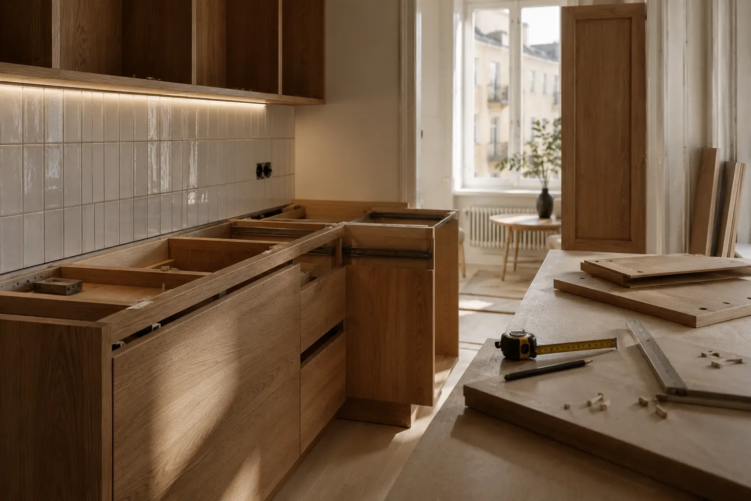 Köksmontering i bostadsrätt med träskåp och arbetsyta