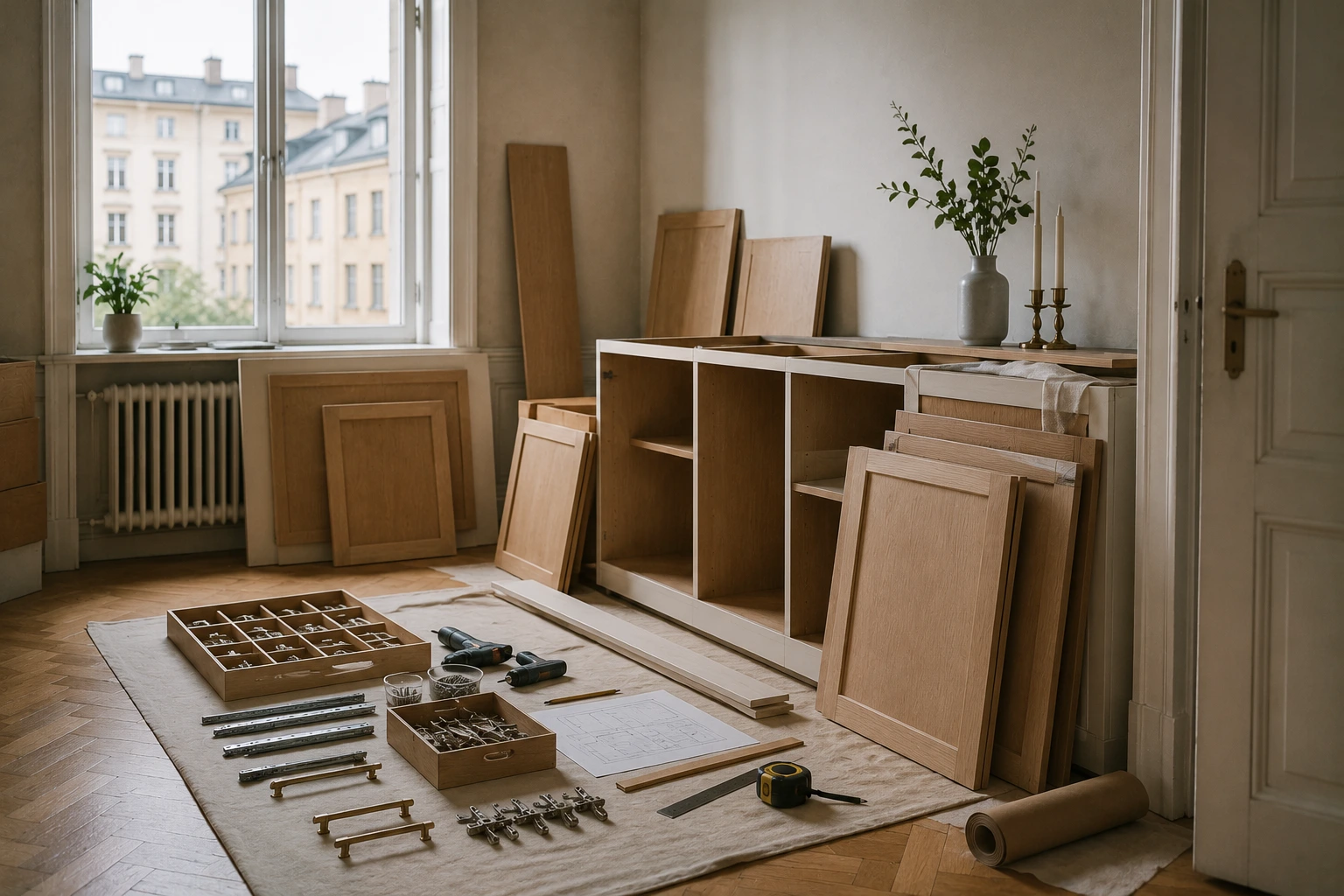 Inredning och verktyg i lägenhet inför mindre renovering