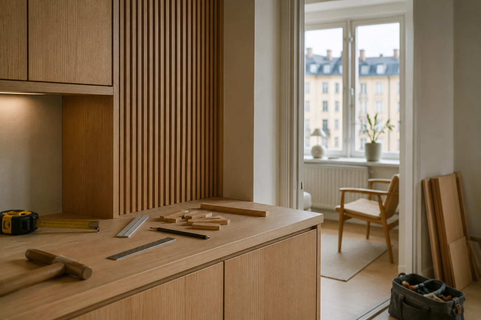 Träpanel och verktyg vid mindre renovering hemma