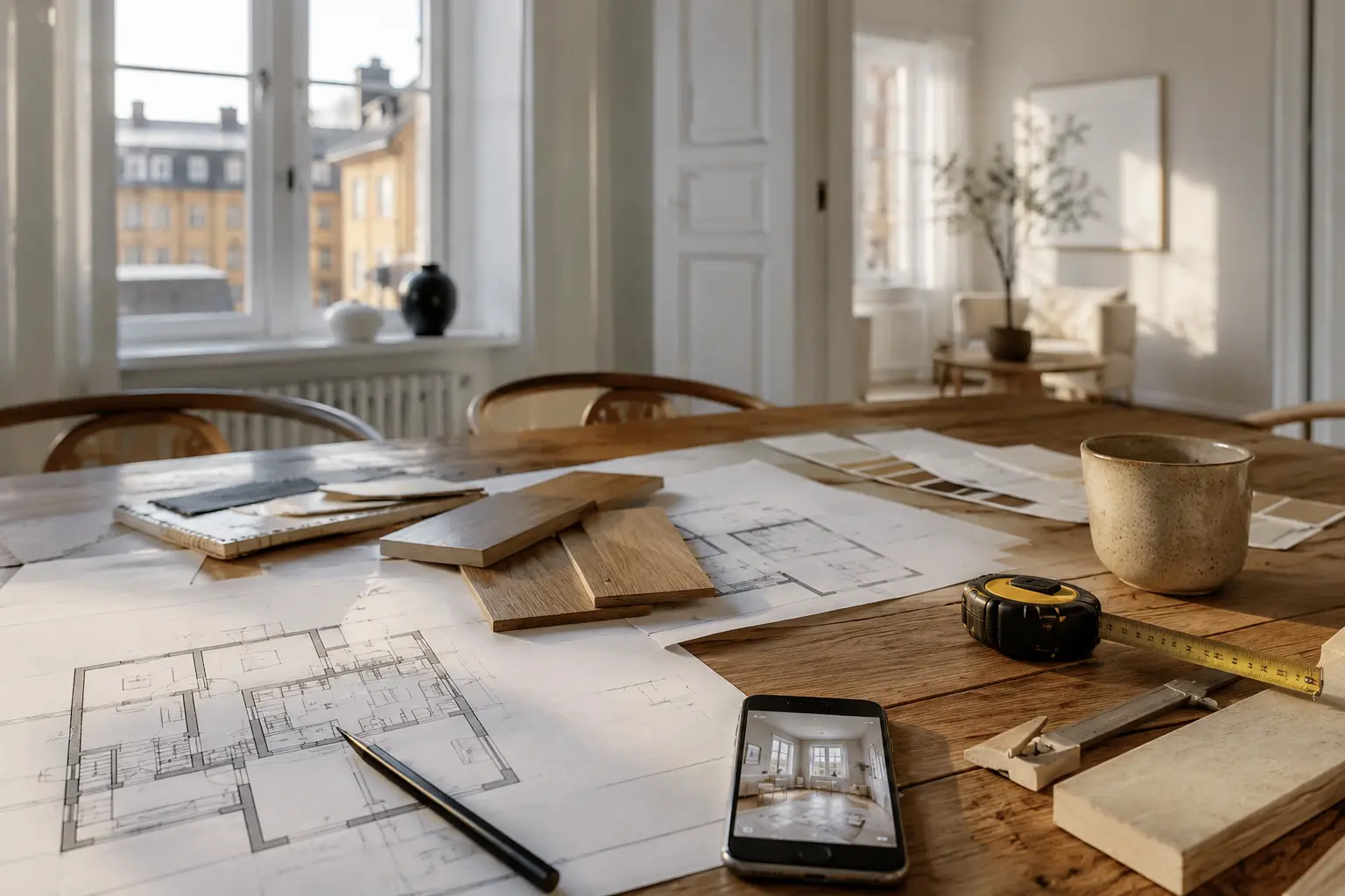 Planering inför renovering med ritning, mått och materialprover